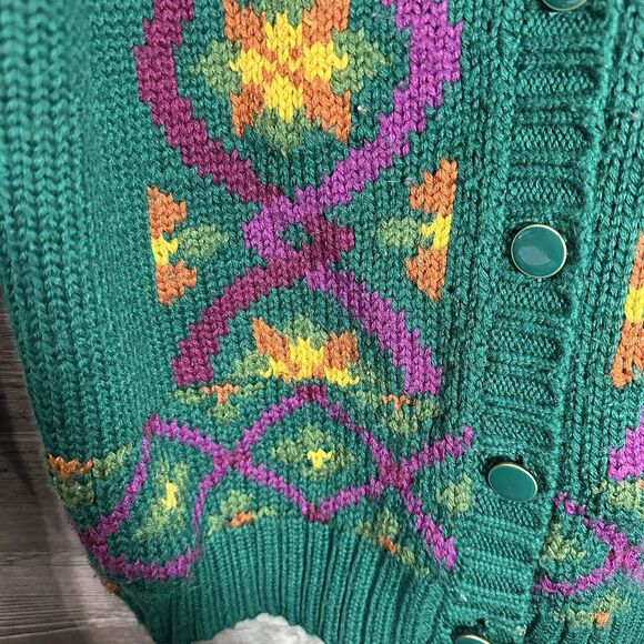 Vintage Russ Cardigan Sweater Women Small Green Acrylic Wool 90s FLowers - Picture 3 of 10